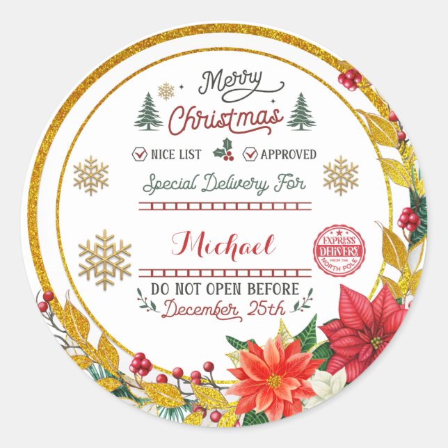 Personalized Special Delivery North Pole Santa Runder Aufkleber (Vorderseite)