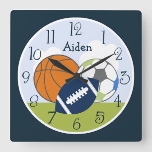 Personalized Sports Balls Kids Clock Quadratische Wanduhr