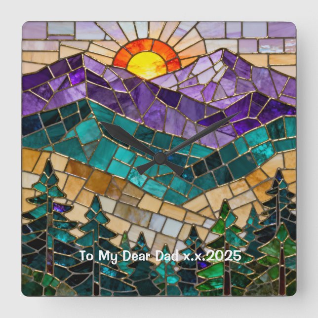 Personalized Stained Glass Mountain Wall Clock Quadratische Wanduhr (Vorderseite)