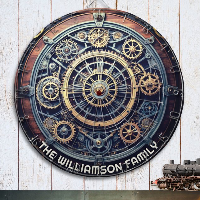 Personalized Steampunk Aesthetic Gears Family Name Dartscheibe (A personalized Steampunk dart board, with design of cogs and gears with a retro industrial effect)