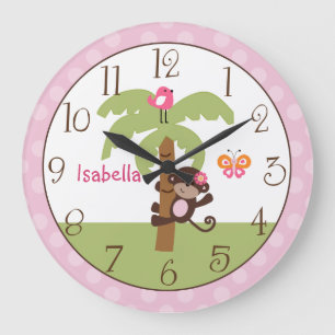 Personalized Sunny Safari Monkey Nursery Clock Große Wanduhr