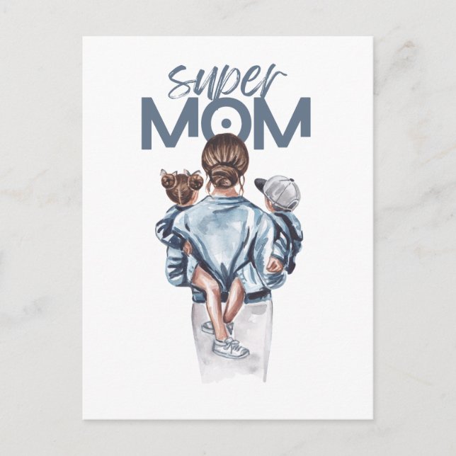 Personalized Super Mom with Son and Daughter Gift Postkarte (Vorderseite)