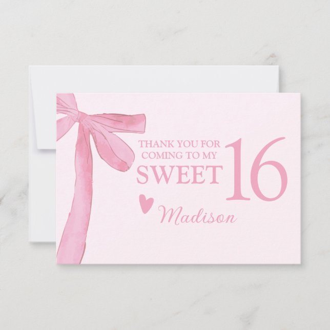 Personalized Sweet 16 Birthday Coquette Pink Bow  Dankeskarte (Vorderseite)