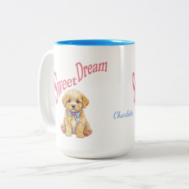 Personalized "Sweet Dream" Puppy Dog Watercolor Mu Zweifarbige Tasse (Vorderseite Links)