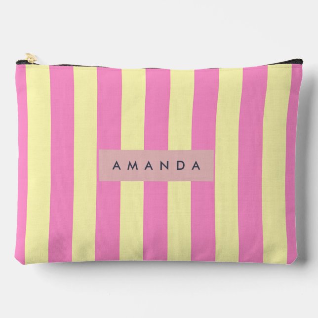 Personalized Sweet Pastel Pink and Yellow Stripe Zubehörtasche (Vorderseite)