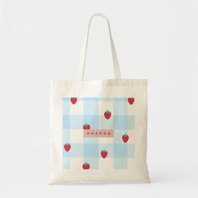 Personalized Sweet Strawberry Gingham Blue Tragetasche (Vorne)