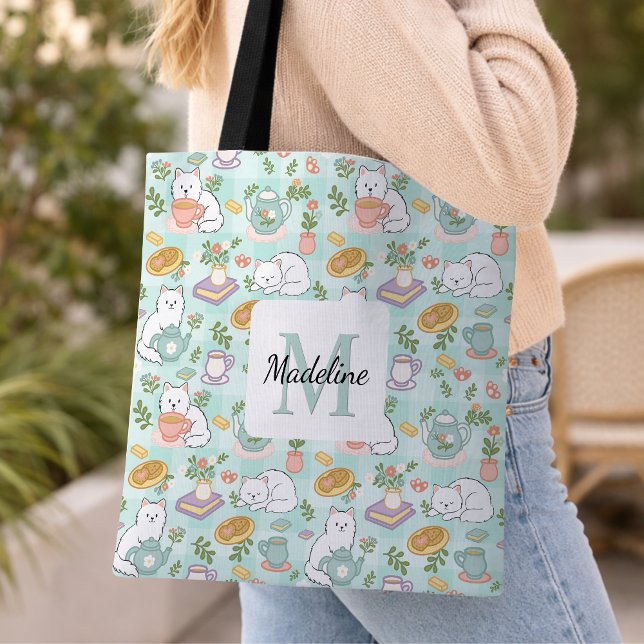Personalized Tea Bookish Cats Tote Bag Mint Green (Von Creator hochgeladen)