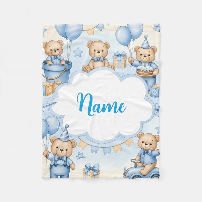 Personalized Teddy Bear Baby Blanket with Name Fleecedecke (Vorderseite)