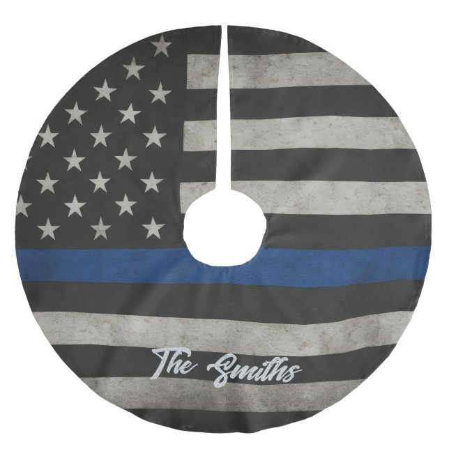 Personalized Thin Blue Line American Flag Polyester Weihnachtsbaumdecke (Vorderseite)