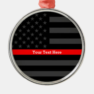 Personalized Thin Red Line Grey US Flag Keepsake Silbernes Ornament