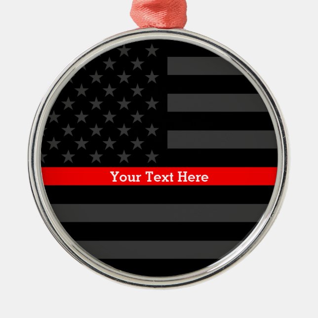 Personalized Thin Red Line Grey US Flag Keepsake Silbernes Ornament (Vorne)