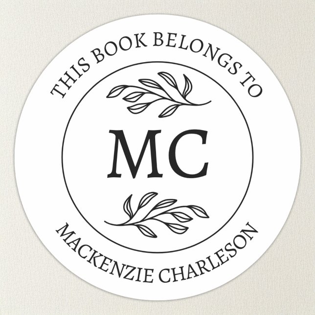 Personalized This Book Belongs to Monogram Runder Aufkleber (Botanical Leaf classical monogram initial personalized This Book Belongs To bookplate sticker)