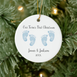 Personalized Twin Baby Boys Blue Footprint Keramik Ornament