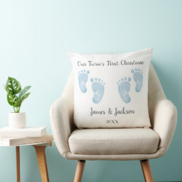 Personalized Twin Baby Boys Blue Footprint Kissen