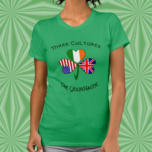 Personalized UK Ireland USA Shamrock Women’s T-Shirt (Women’s tee with UK‑Ireland‑USA shamrock and personalized Three Cultures design.)