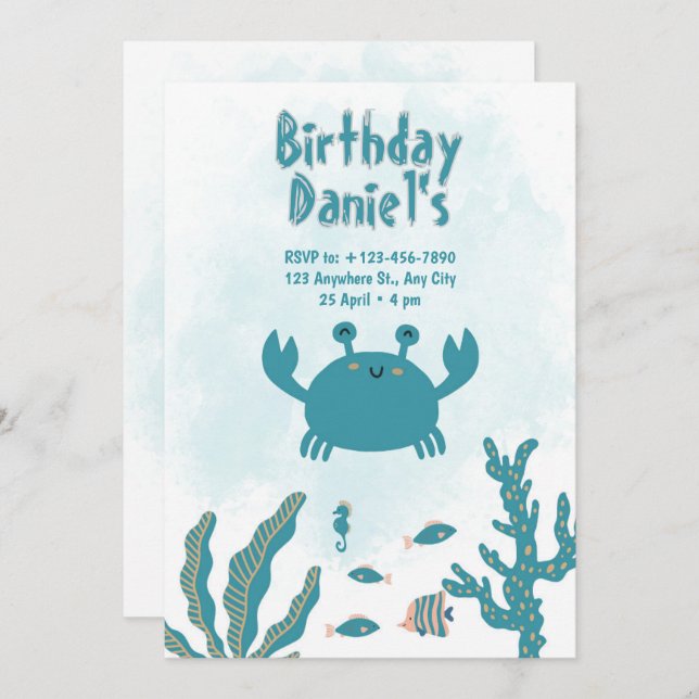 Personalized Under the Sea Crab Birthday Invitatio Einladung (Vorne/Hinten)