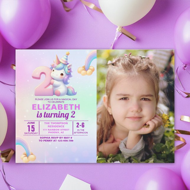 Personalized Unicorn 2nd Birthday Photo Invitation Einladung (Von Creator hochgeladen)