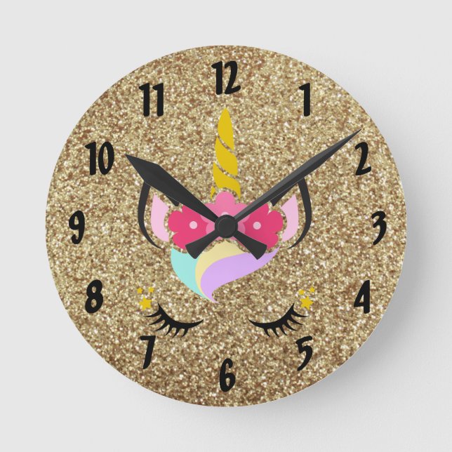 Personalized Unicorn Gold Glitter Wall Clock Runde Wanduhr (Vorderseite)