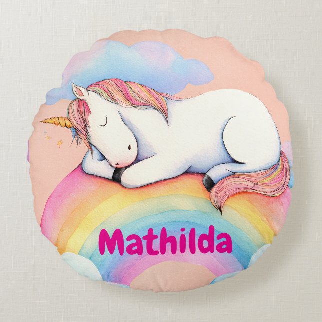 Personalized Unicorn Pillow, Watercolors,  Rundes Kissen (Vorderseite)