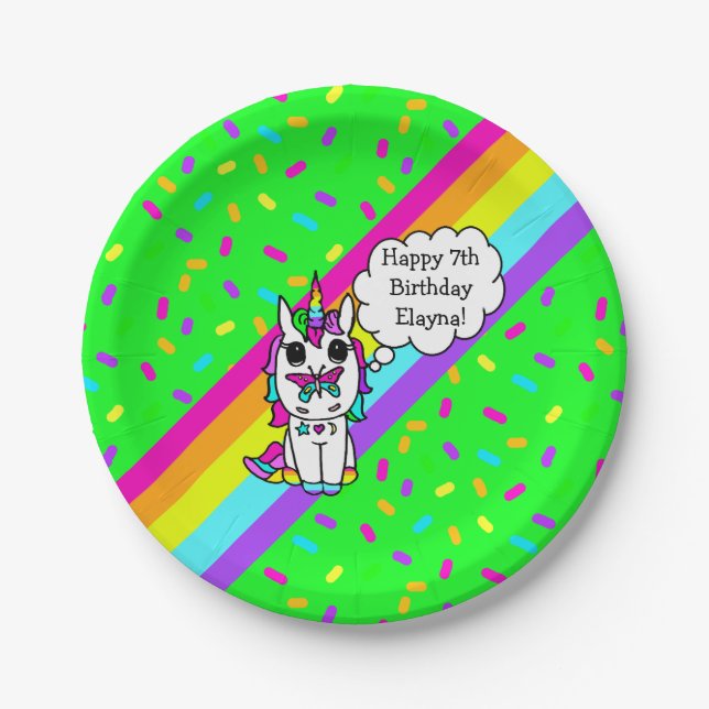 Personalized Unicorn, Rainbow and Butterfly Pappteller (Vorderseite)