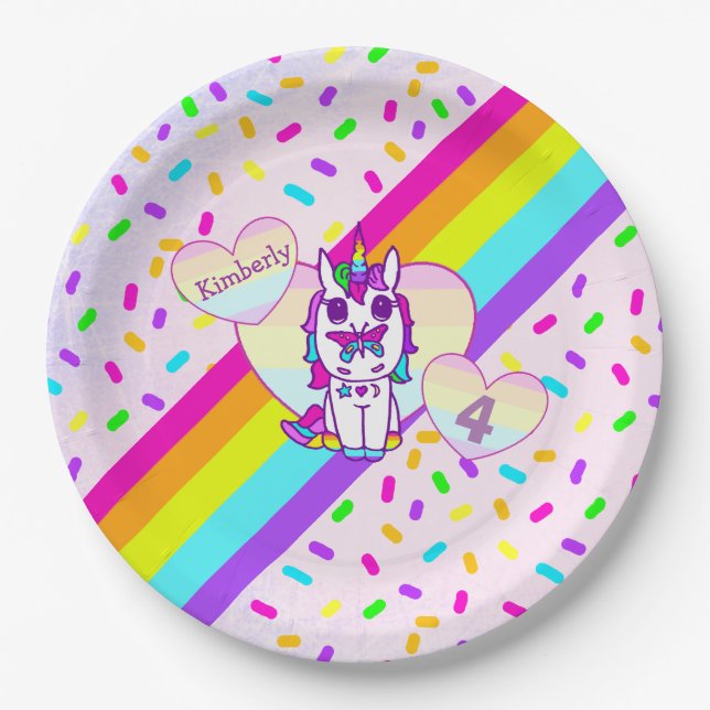 Personalized Unicorn, Rainbow and Butterfly Pappteller (Vorderseite)