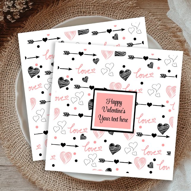 Personalized Valentine Pink Black Hearts Sketch  Serviette (Personalized Valentine Pink Black Hearts Sketch Napkins)