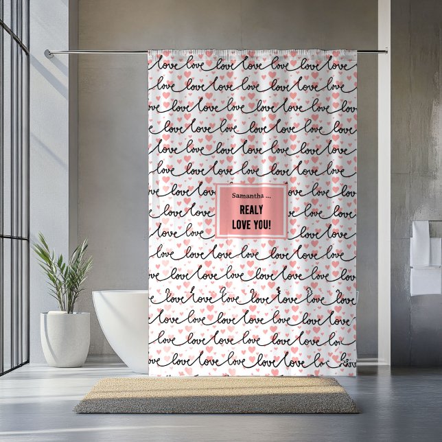Personalized Valentine Shower Curtain Pink Black   Duschvorhang (Personalized Wedding Shower Curtain Pink Black Hearts)