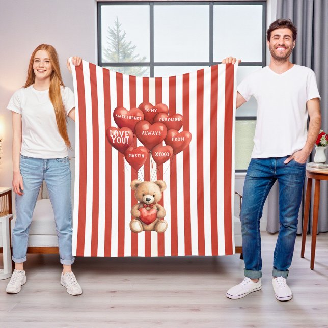 personalized valentines red striped bear  fleecedecke (Von Creator hochgeladen)
