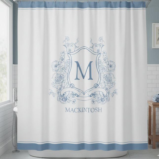 Personalized Vintage Blue Monogram Shower Curtain Duschvorhang (personalized elegant blue toile french provincial family crest monogram shower curtain)