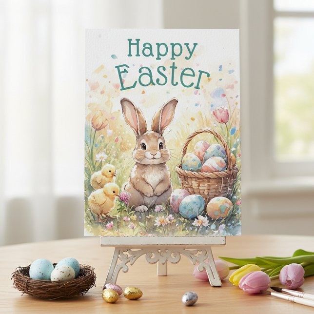 Personalized Vintage Bunny Chicks And Easter Eggs Postkarte (Von Creator hochgeladen)