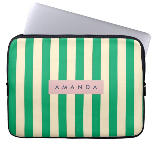 Personalized Vintage Green and Cream Stripe Laptopschutzhülle (Vorderseite)