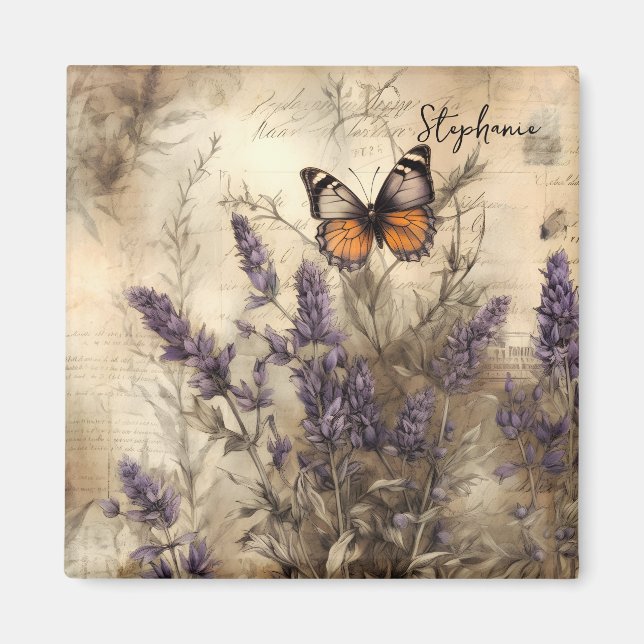 Personalized Vintage Lavender Butterfly Art Magnet (Vorne)