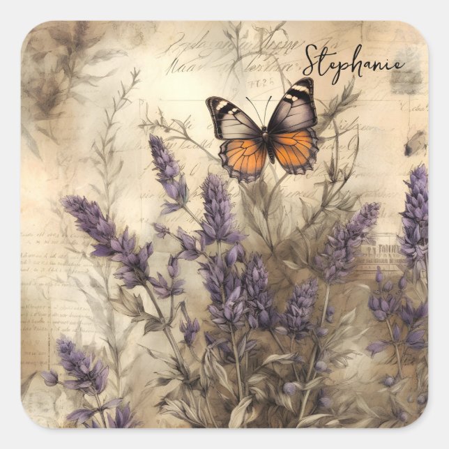 Personalized Vintage Lavender Butterfly Art Quadratischer Aufkleber (Vorderseite)