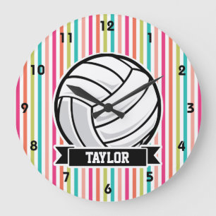 Personalized Volleyball on Colorful Stripes Große Wanduhr