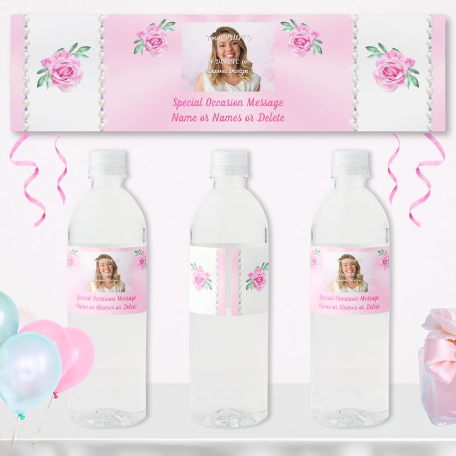 Personalized Water Bottle Labels for Birthday, ANY Wasserflaschenetikett (Pink Water Bottle Labels. Pink birthday party supplies. Photo, Personalized water bottle labels.)