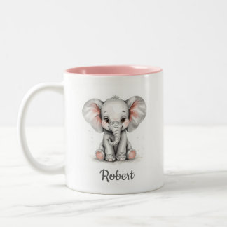 Personalized Watercolor Baby Elephant Mug. Zweifarbige Tasse