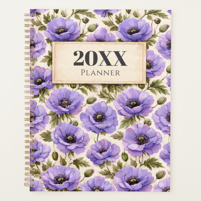 Personalized Watercolor Blue Poppies Planner Planer (Vorderseite)