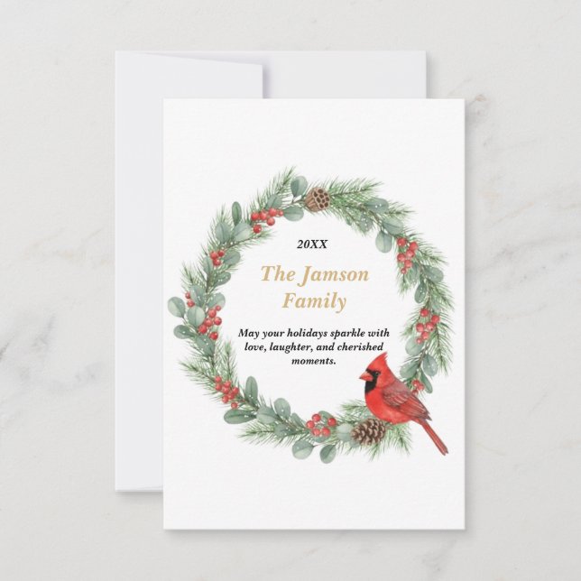 Personalized Watercolor Cardinal Christmas Wreath  RSVP Karte (Vorderseite)