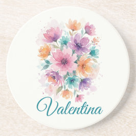 Personalized Watercolor Floral Name Coaster Getränkeuntersetzer