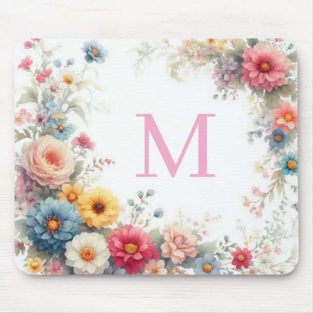 Personalized Watercolor Flowers Template Monogram Mousepad (Vorne)