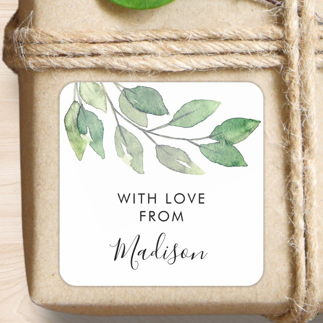 Personalized Watercolor Greenery Quadratischer Aufkleber (Von Creator hochgeladen)