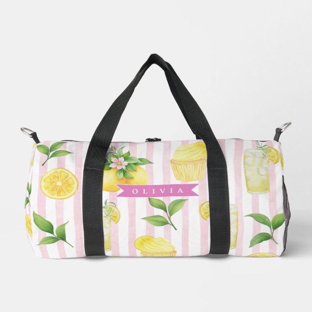 Personalized Watercolor Lemonade Cupcake Stripe Duffle Bag (Vorderseite)