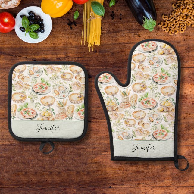 Personalized Watercolor Mediterranean Food Pattern Ofenhandschuh & Topflappen-Set (In situ)