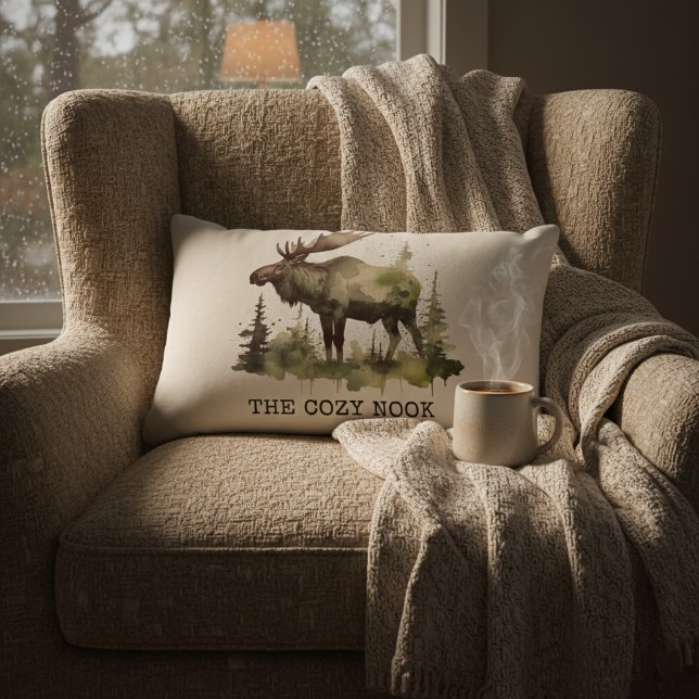 Personalized Watercolor Moose The Cozy Nook Cotton Lendenkissen (Von Creator hochgeladen)