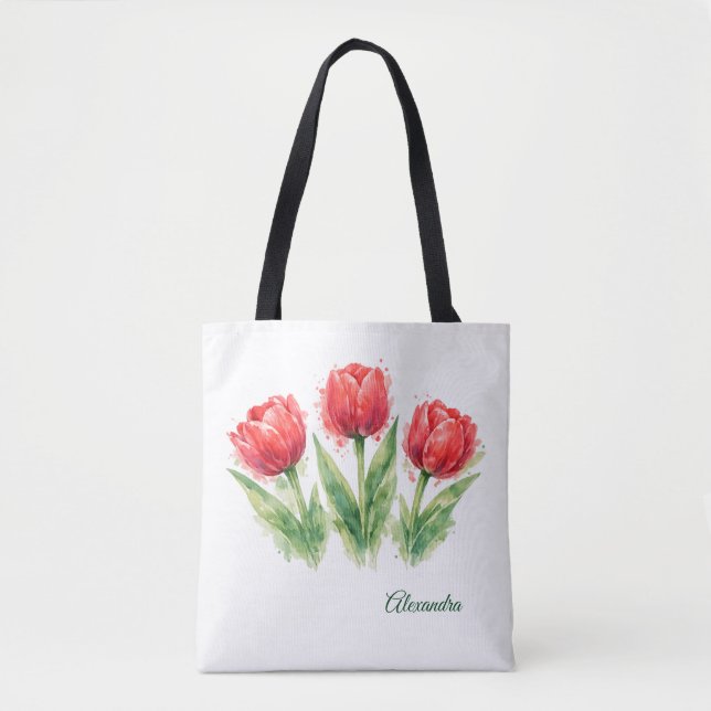 Personalized Watercolor Red Tulips Tote Bag (Vorderseite)