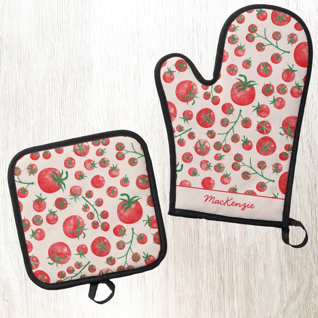 Personalized Watercolor Tomato Pattern Ofenhandschuh & Topflappen-Set (Fun personalized custom name or text watercolor tomato kitchen oven mitt and pot holder)