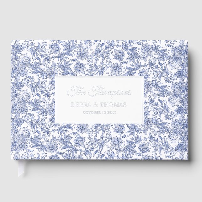 Personalized Wedding French Toile Blue Floral Gästebuch (Vorderseite)