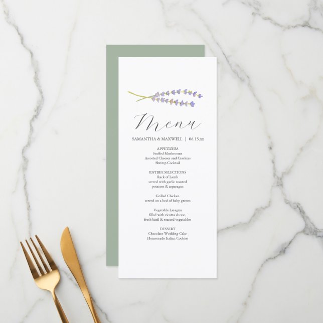 Personalized Wedding Menu Cards Lavender & Sage Menükarte (Vorderseite/Rückseite Beispiel)