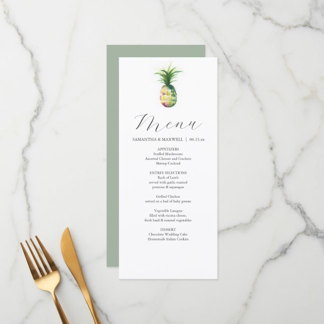 Personalized Wedding Menu Cards Tropical Pineapple Menükarte (Vorderseite/Rückseite Beispiel)