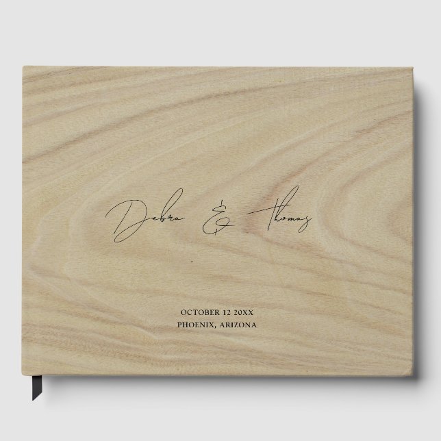 Personalized Wedding Modern Minimalist Faux Wood Gästebuch (Vorderseite)